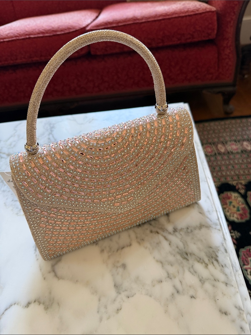 Elegant Crystal-Embellished Pink Rose Gold Evening Bag
